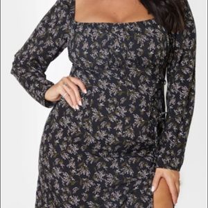 Black Ditsy Floral Bow Detail Side Split Dress